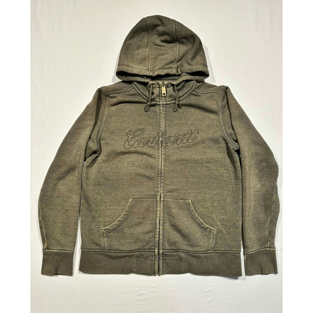 Carhartt Womens Large Full Zip Hoodie Faded Olive Green Script‎ Logo Jacket